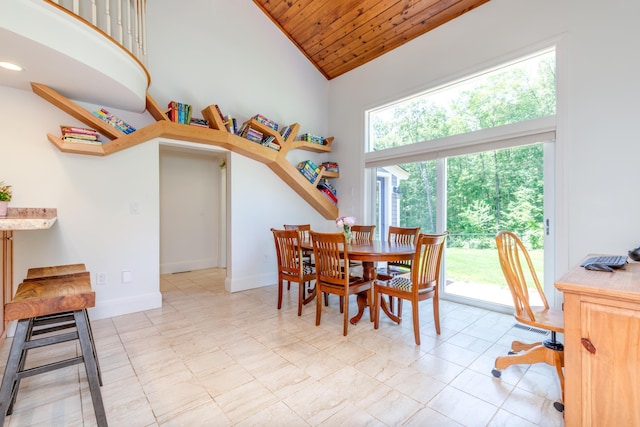 123 Stephen Dr, Goffstown, NH 03045 - dining area with high vaulted ceiling, wood ceiling, and recessed lighting
