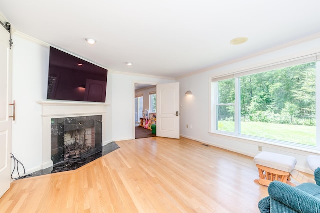 123 Stephen Dr, Goffstown, NH 03045 - living area featuring a high end fireplace, wood finished floors, and crown molding