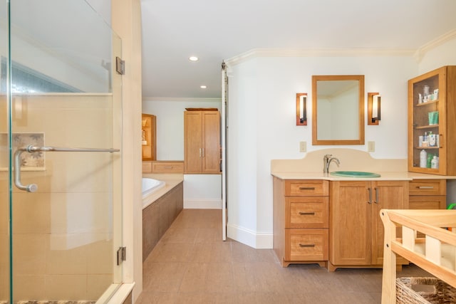 123 Stephen Dr, Goffstown, NH 03045 - bathroom featuring a shower stall, vanity, crown molding, a garden tub, and recessed lighting