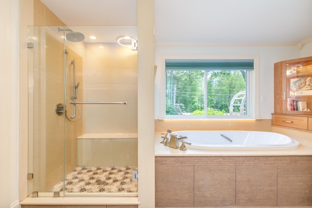 123 Stephen Dr, Goffstown, NH 03045 - full bath featuring a stall shower, a garden tub, and ornamental molding
