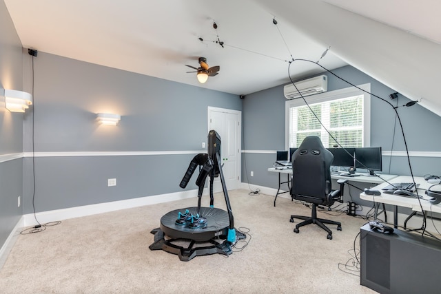 123 Stephen Dr, Goffstown, NH 03045 - carpeted home office featuring an AC wall unit, a ceiling fan, and lofted ceiling