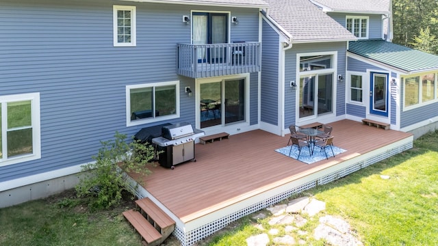 123 Stephen Dr, Goffstown, NH 03045 - rear view of house with a wooden deck, a yard, and a balcony