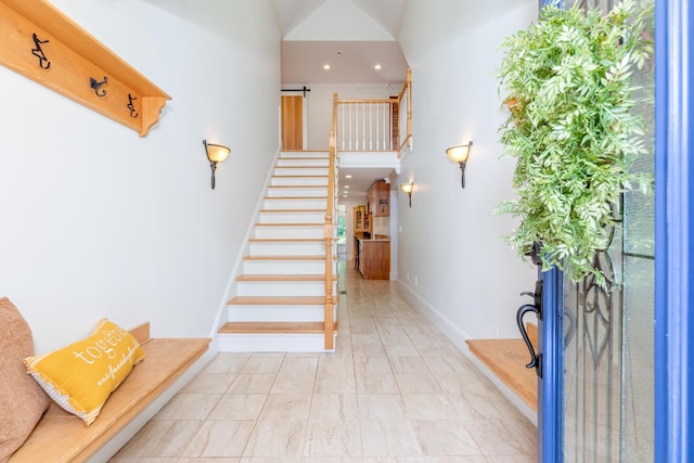 123 Stephen Dr, Goffstown, NH 03045 - foyer featuring stairs, a towering ceiling, and recessed lighting