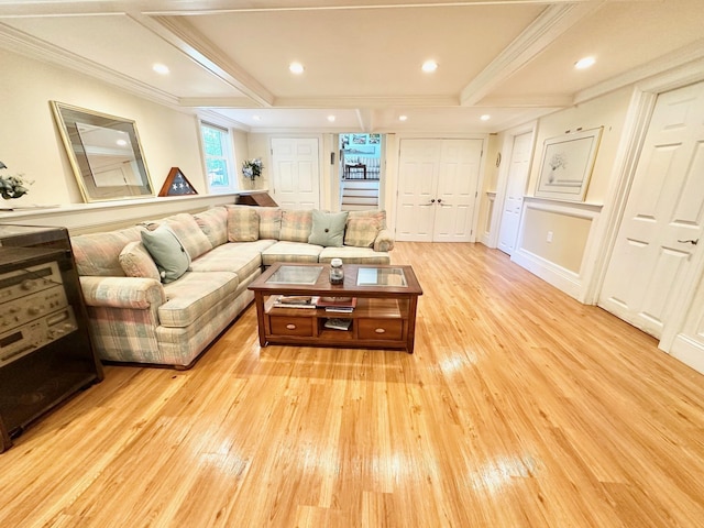 22 Mason Rd, Merrimack, NH 03054 - living area featuring light wood-style floors, ornamental molding, and recessed lighting