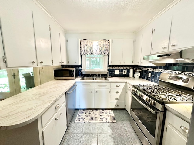 22 Mason Rd, Merrimack, NH 03054 - kitchen featuring stainless steel appliances, under cabinet range hood, backsplash, white cabinets, and crown molding