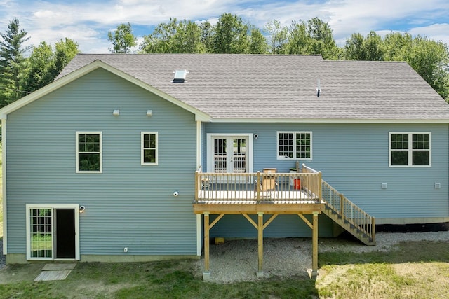53 Richards Way, Farmington, NH 03835 - rear view of property with a wooden deck, roof with shingles, stairway, and french doors