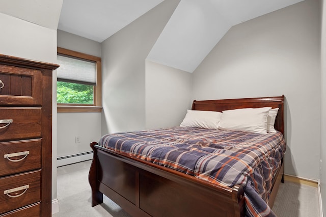 104 Rolling Ridge Rd, Bartlett, NH 03812 - bedroom featuring a baseboard radiator, light carpet, and vaulted ceiling