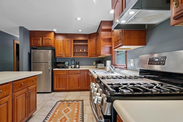 104 Rolling Ridge Rd, Bartlett, NH 03812 - kitchen with appliances with stainless steel finishes, range hood, open shelves, brown cabinets, and recessed lighting