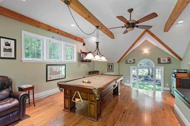 9 Deerhaven Dr, Exeter, NH 03833 - rec room featuring beamed ceiling, billiards, light wood-style flooring, a ceiling fan, and recessed lighting