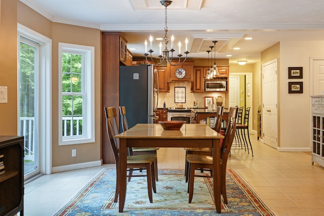 9 Deerhaven Dr, Exeter, NH 03833 - dining area with light tile patterned floors, a chandelier, ornamental molding, and recessed lighting