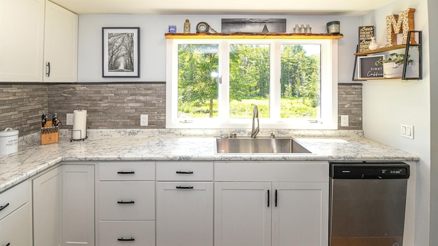 2129 E Conway Rd, Conway, NH 03813 - kitchen with stainless steel dishwasher, white cabinets, tasteful backsplash, and open shelves