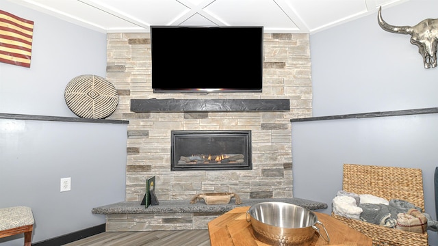 2129 E Conway Rd, Conway, NH 03813 - detailed view of wood finished floors and a stone fireplace