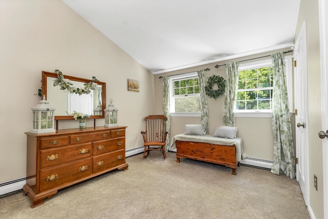 93 Birch Rd, Chester, NH 03036 - bedroom with vaulted ceiling, light colored carpet, baseboard heating, and a baseboard heating unit