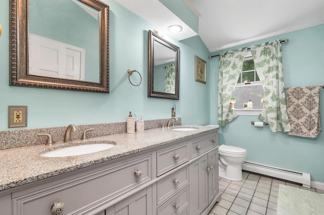 93 Birch Rd, Chester, NH 03036 - full bath featuring baseboard heating, double vanity, and tile patterned flooring