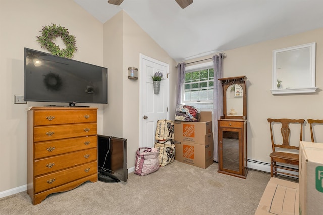 93 Birch Rd, Chester, NH 03036 - bedroom featuring lofted ceiling, light carpet, a baseboard radiator, and ceiling fan