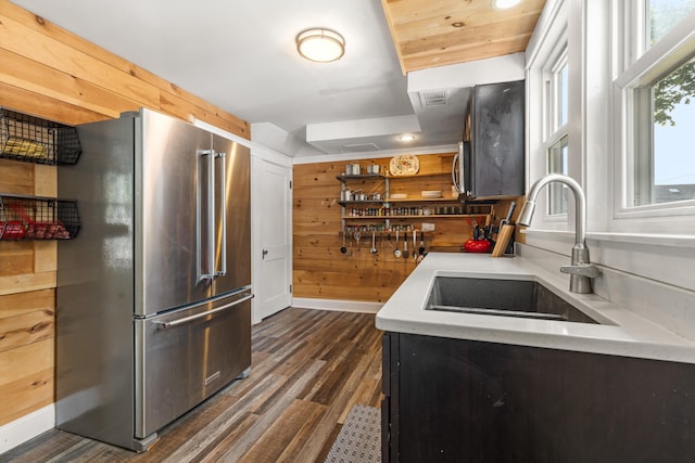 71 Hill St, Dover, NH 03820 - kitchen featuring freestanding refrigerator, dark wood-style flooring, light countertops, and recessed lighting