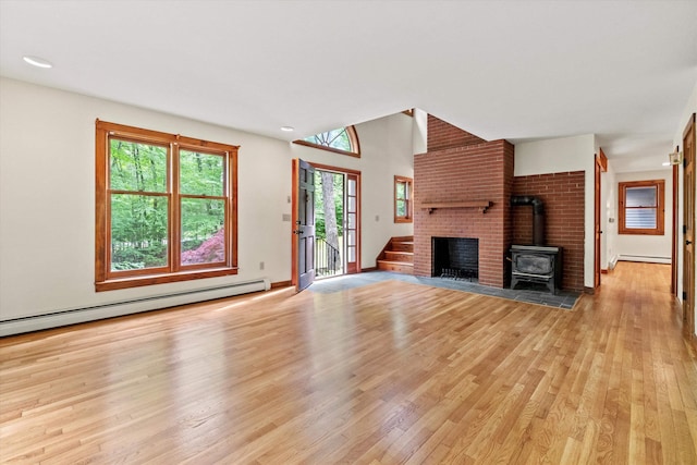 147 Durham Point Rd, Durham, NH 03824 - unfurnished living room featuring light wood-type flooring, a wood stove, and baseboard heating