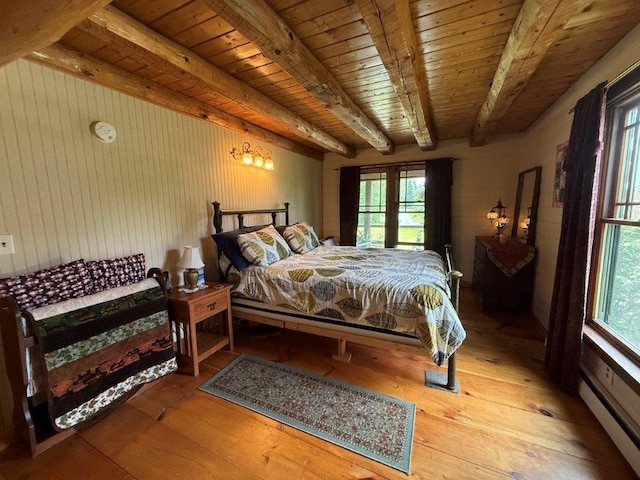 25 Rogers Way, Canaan, NH 03741 - bedroom with hardwood / wood-style flooring, multiple windows, a wood ceiling with exposed beams, wooden walls, and a baseboard radiator