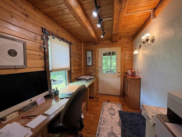 25 Rogers Way, Canaan, NH 03741 - office area featuring track lighting, a wood ceiling with exposed beams, wood walls, hardwood / wood-style flooring, and healthy amount of natural light