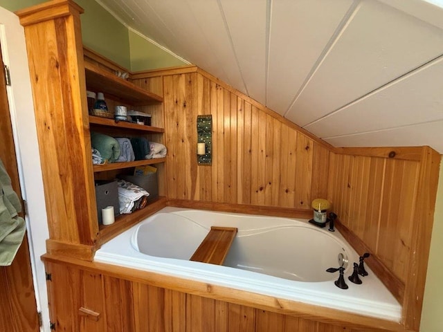 25 Rogers Way, Canaan, NH 03741 - full bath featuring vaulted ceiling, a garden tub, and wood walls