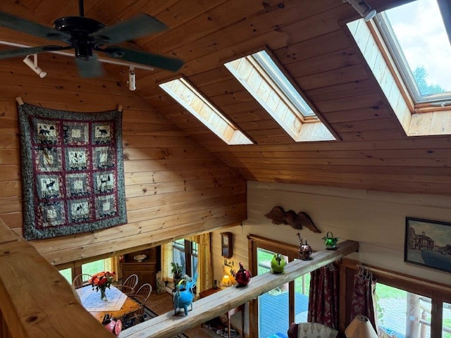 25 Rogers Way, Canaan, NH 03741 - detailed view of a skylight, wood ceiling, wood walls, and a ceiling fan