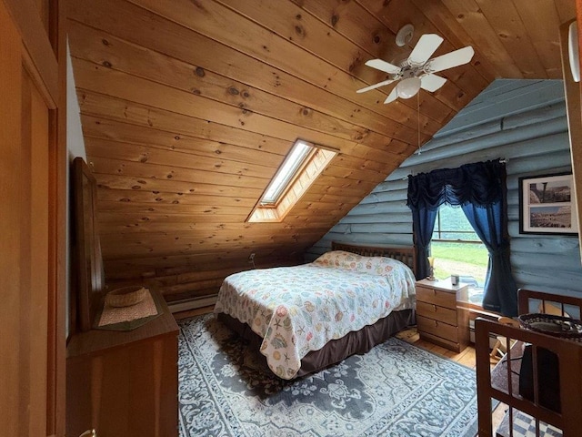 25 Rogers Way, Canaan, NH 03741 - bedroom with log walls, wooden ceiling, a skylight, light wood-style flooring, and vaulted ceiling