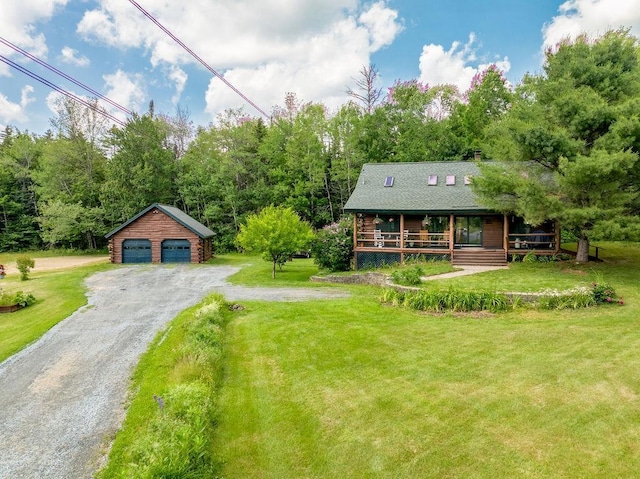 25 Rogers Way, Canaan, NH 03741 - view of front facade featuring an outdoor structure, a garage, a front lawn, and a porch