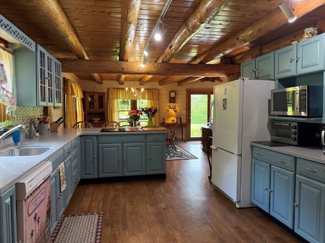 25 Rogers Way, Canaan, NH 03741 - kitchen featuring white appliances, a peninsula, a wooden ceiling with exposed beams, dark wood-type flooring, and a chandelier