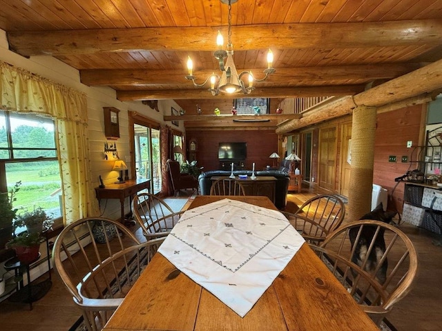 25 Rogers Way, Canaan, NH 03741 - dining space with a wood ceiling with exposed beams, plenty of natural light, a chandelier, wood walls, and wood finished floors