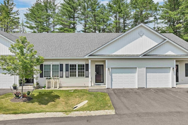 8C Villa Ln, Goffstown, NH 03045 - ranch-style home featuring an attached garage, driveway, roof with shingles, and a front yard