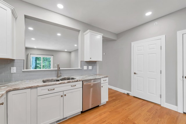 8C Villa Ln, Goffstown, NH 03045 - kitchen with dishwasher, light wood finished floors, white cabinets, decorative backsplash, and recessed lighting
