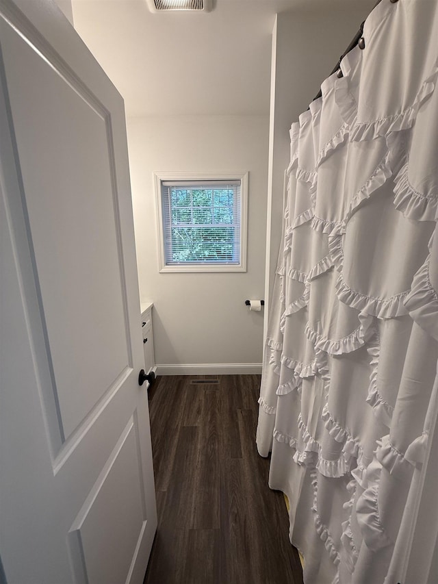 3800 Province Lake Rd, Wakefield, NH 03830 - bathroom featuring wood finished floors, vanity, and curtained shower