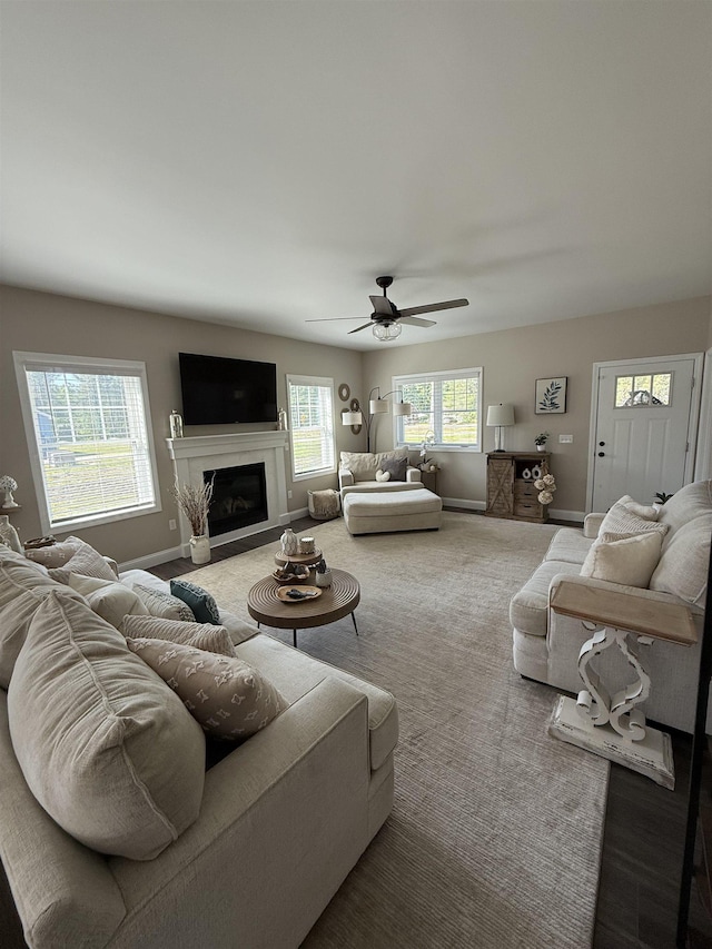 3800 Province Lake Rd, Wakefield, NH 03830 - living area with a fireplace and a ceiling fan