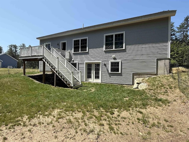 3800 Province Lake Rd, Wakefield, NH 03830 - rear view of house featuring french doors, a wooden deck, stairway, and a lawn