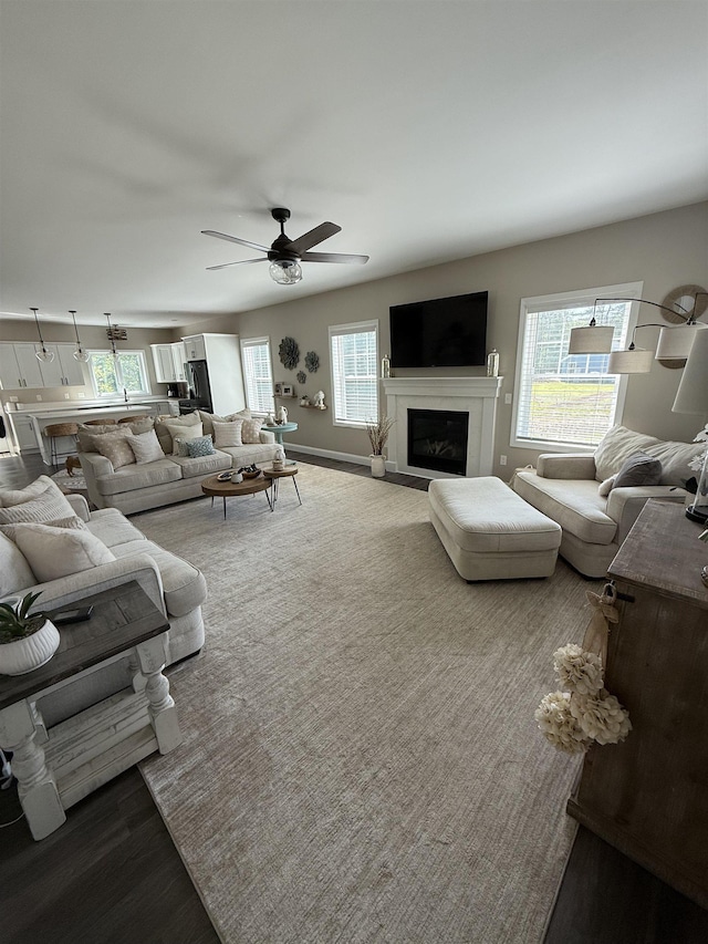 3800 Province Lake Rd, Wakefield, NH 03830 - living room with a fireplace, a ceiling fan, and wood finished floors