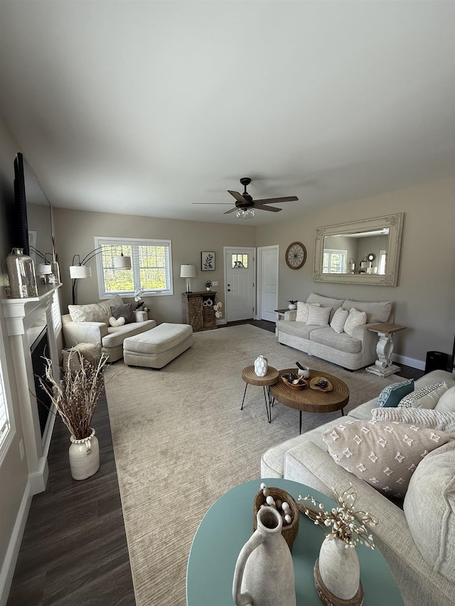 3800 Province Lake Rd, Wakefield, NH 03830 - living room with wood finished floors, a ceiling fan, and a fireplace