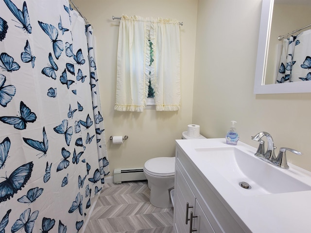 6 Cypress Ln, Essex, VT 05452 - full bath with baseboard heating, vanity, and a shower with shower curtain
