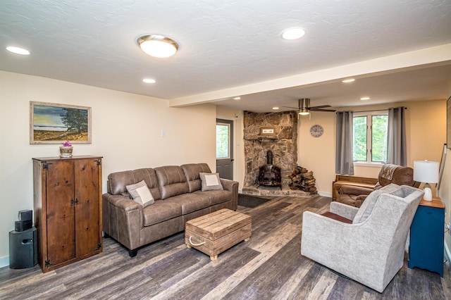 30 Thoreau Trl, Wakefield, NH 03830 - living area with wood finished floors, a wood stove, recessed lighting, and ceiling fan