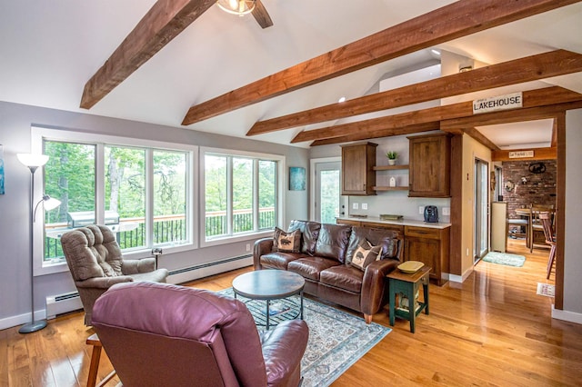 30 Thoreau Trl, Wakefield, NH 03830 - living room featuring a baseboard heating unit, light wood-style flooring, and a ceiling fan