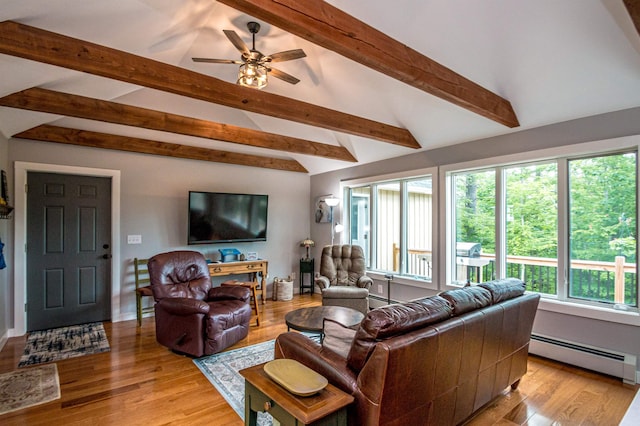 30 Thoreau Trl, Wakefield, NH 03830 - living room with a baseboard radiator, ceiling fan, and light wood-style floors