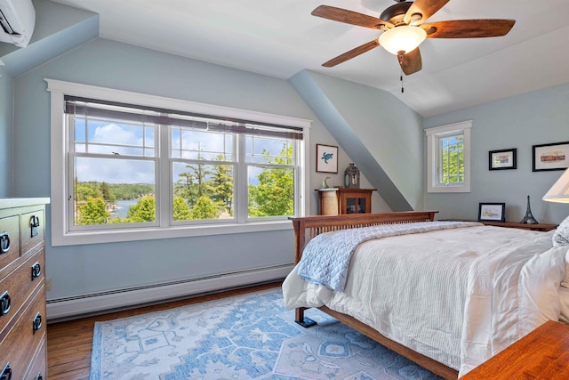 4 Quarry Rd, Sunapee, NH 03782 - bedroom featuring a baseboard radiator, lofted ceiling, dark wood finished floors, a wall mounted air conditioner, and ceiling fan