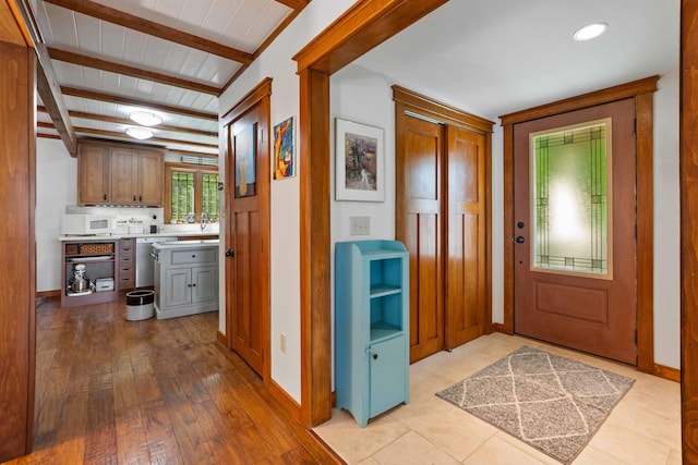 4 Quarry Rd, Sunapee, NH 03782 - foyer with beam ceiling, wood-type flooring, and recessed lighting