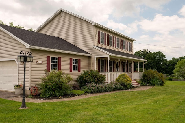 236 Cadieux Rd, Georgia, VT 05478 - view of front of property with a porch, a garage, a front lawn, and a shingled roof
