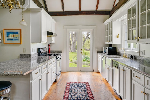102 Hubbard Hill Rd, Rindge, NH 03461 - kitchen with stainless steel appliances, under cabinet range hood, light wood-style floors, and white cabinets