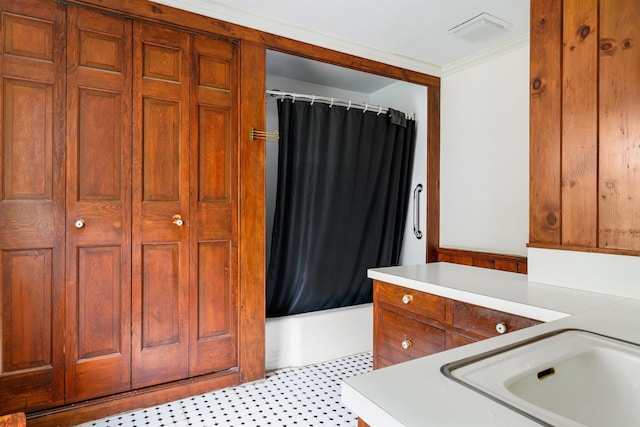 102 Hubbard Hill Rd, Rindge, NH 03461 - bathroom with shower / bath combination with curtain, vanity, and crown molding