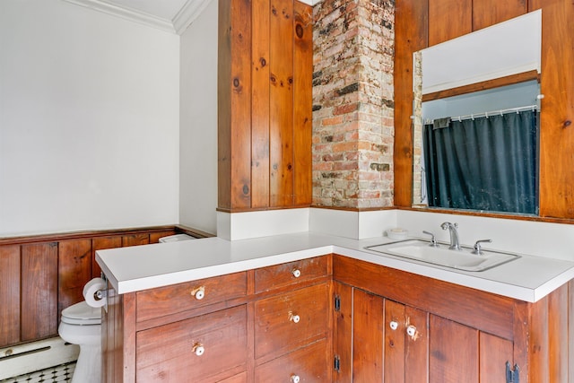 102 Hubbard Hill Rd, Rindge, NH 03461 - full bathroom featuring vanity, crown molding, wainscoting, and a shower with shower curtain