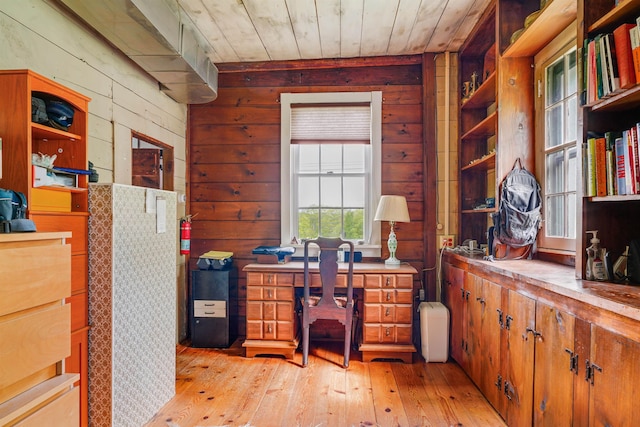 102 Hubbard Hill Rd, Rindge, NH 03461 - office area featuring wooden walls, light wood-style floors, and wooden ceiling