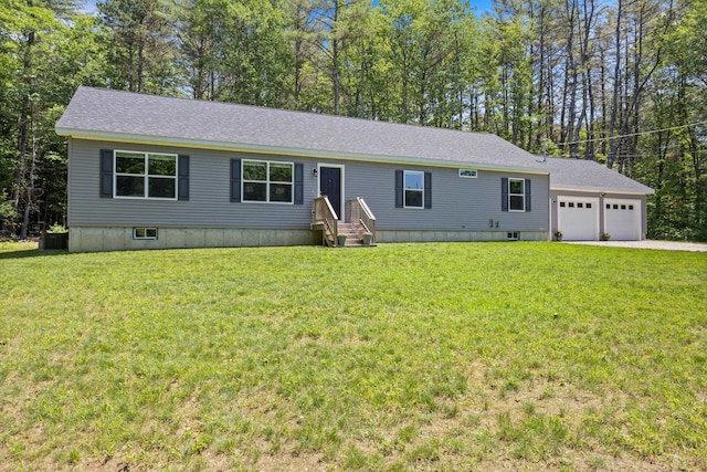 23 Pork Hill Rd, Ossipee, NH 03864 - view of front of property with a shingled roof, a front yard, entry steps, and an attached garage