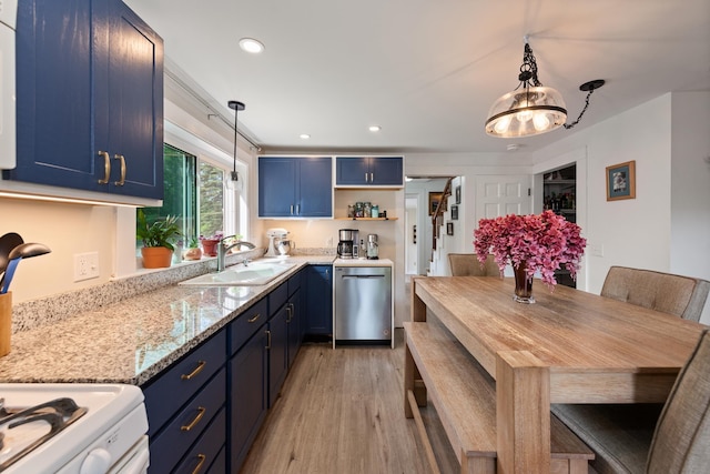 21 Redington Rd, Concord, NH 03301 - kitchen with dishwasher, blue cabinets, light wood-style floors, decorative light fixtures, and recessed lighting