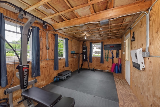 21 Redington Rd, Concord, NH 03301 - exercise room with wood walls, a garage, and heating unit
